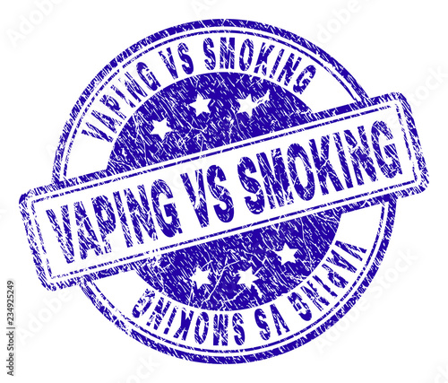 VAPING VS SMOKING stamp seal imprint with distress texture. Designed with rounded rectangles and circles. Blue vector rubber print of VAPING VS SMOKING tag with grunge texture.
