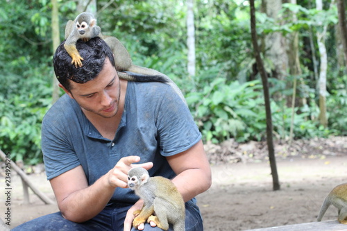 Man training a group of titi monkeys photo