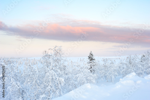 Winter in Finnish Lapland. Thick snow covering landscape.
