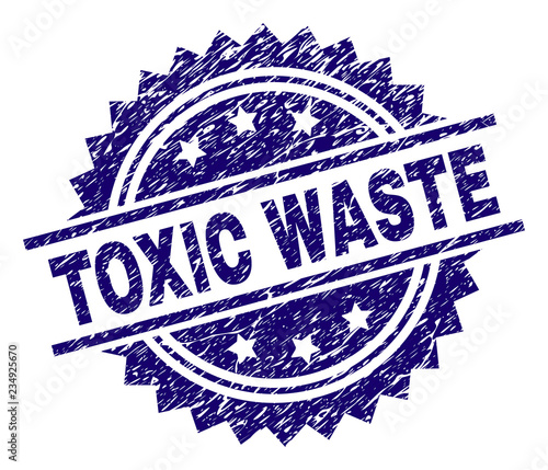 TOXIC WASTE stamp seal watermark with distress style. Blue vector rubber print of TOXIC WASTE caption with dust texture.