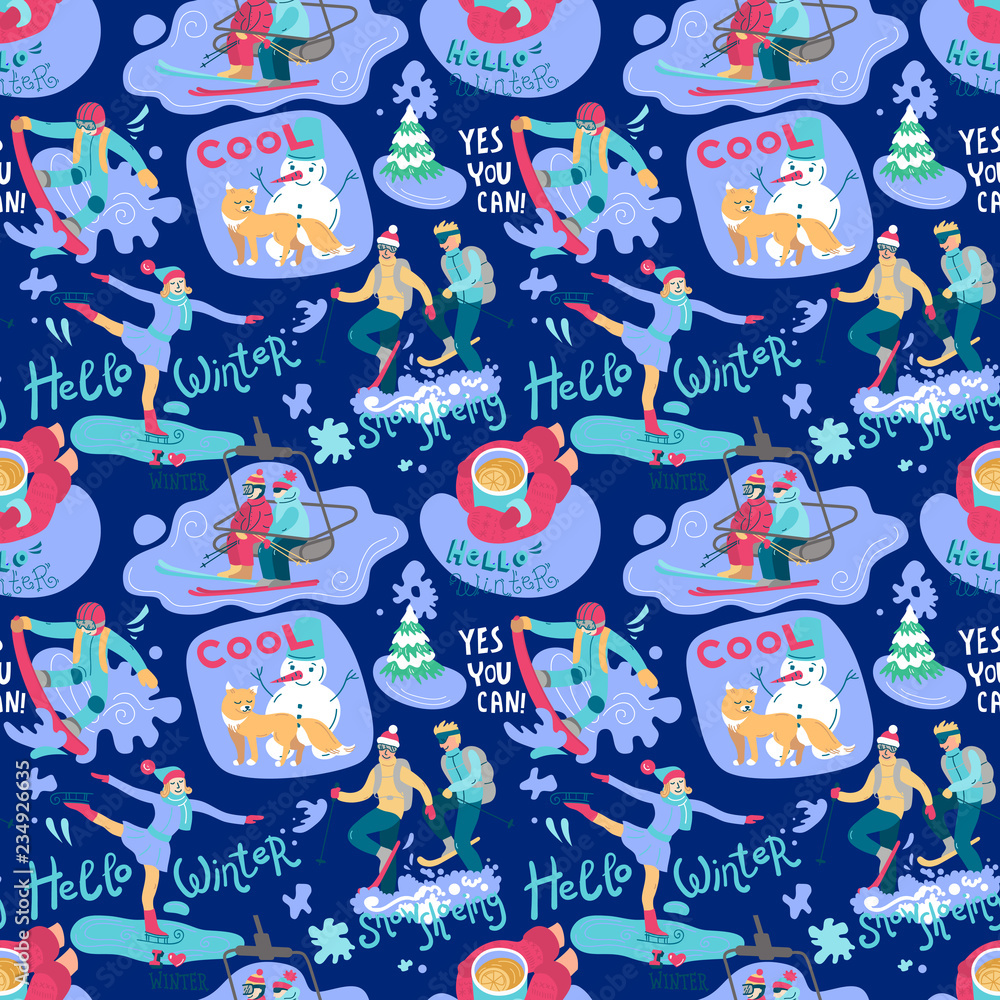 Naklejka premium vector illustration winter activities. hello winter