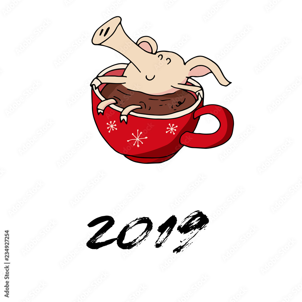 Cute doodle christmas happy piggy in hot cacao. Symbol of 2019 year. Winter holidays. Christmas and new year calligraphy. Hand written modern brush lettering. Hand drawn design elements. Festive card. Cute doodle christmas happy piggy in hot cacao. Symbol of 2019 year. Winter holidays. Christmas and new year calligraphy. Hand written modern brush lettering. Hand drawn design elements. Festive card.