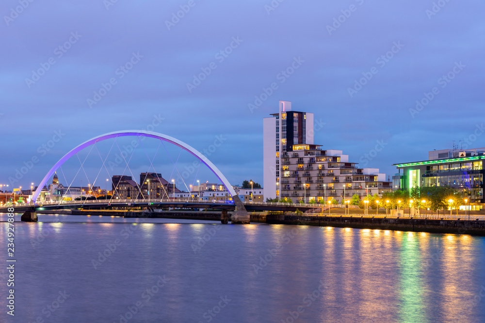 Clyde Arc Bridge along River Clyde Sunset twilight at Glasgow city Scotland UK. Clyde Arc Bridge along River Clyde Sunset twilight at Glasgow city Scotland UK.