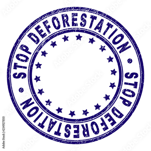 STOP DEFORESTATION stamp seal watermark with grunge texture. Designed with circles and stars. Blue vector rubber print of STOP DEFORESTATION text with retro texture.