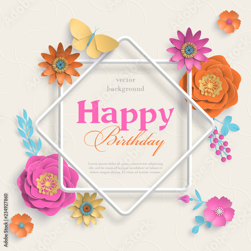 Concept banner with paper art flowers, eight pointed star frame and islamic geometric patterns. Paper cut 3d flowers on light background. Vector illustration.