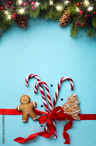 Christmas holidays ornament flat lay; Christmas card background