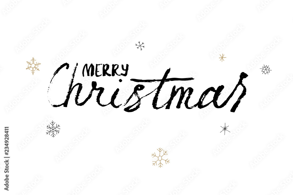 Christmas black calligraphy. Merry christmas greeting text with snowflakes. Hand written modern brush lettering with decorative snowflakes. Hand drawn design elements. Festive sign card.