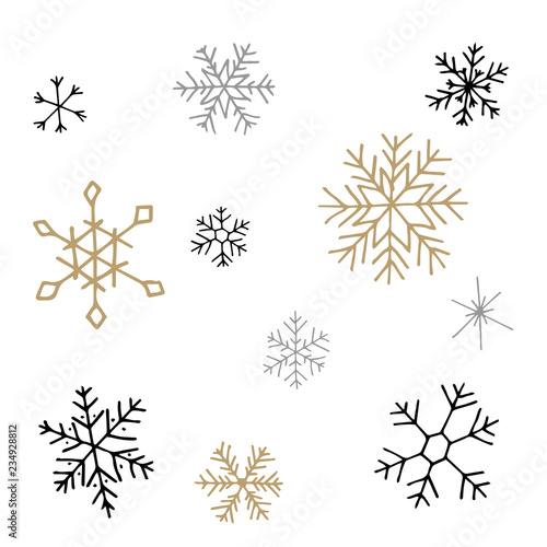 Collection of black and golden hristmas snowflakes, modern flat design. Can be used for printed materials. Winter holiday background. Hand drawn design elements. Festive stickers card.