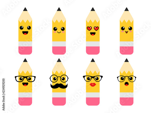 Funny pencils with emotions - pupils and teachers. Back to school. First day of school. Vector illustration.