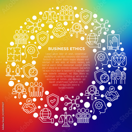 Business ethics concept in circle with thin line icons: union, honesty, responsibility, justice, commitment, no to racism, gender employment, core values. Vector illustration, print media template.