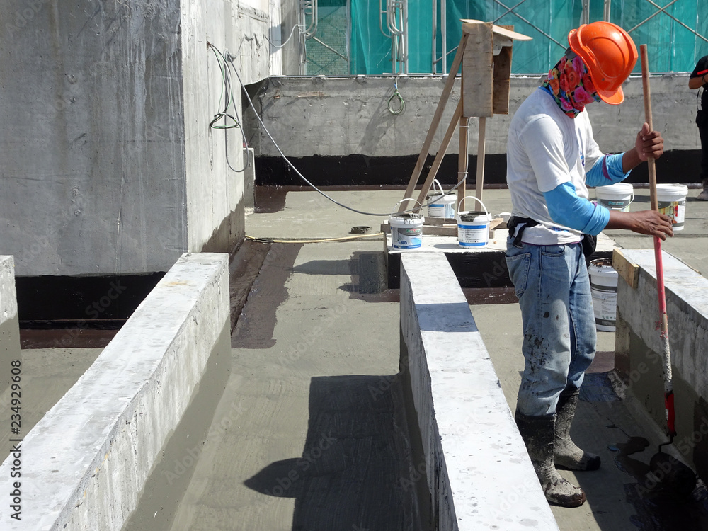 Waterproofing Membrane Applied By Construction Workers On Top Of Concrete Slab Waterproofing 5608