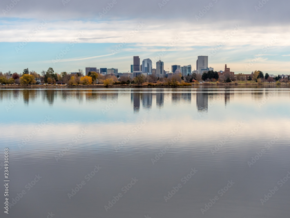 Downtown Denver Skyline Reflected on Park Water on a  Cloudy Fall Day