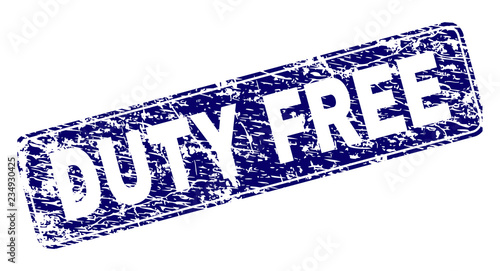 DUTY FREE stamp seal print with grunge style. Seal shape is a rounded rectangle with frame. Blue vector rubber print of DUTY FREE tag with unclean style.