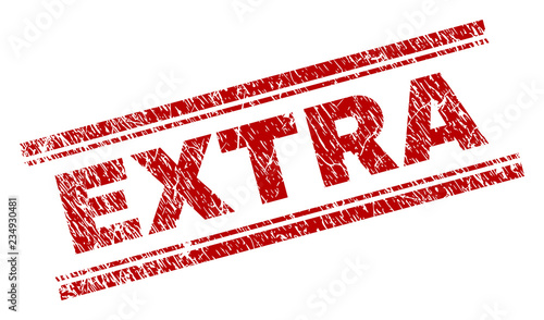 EXTRA seal print with corroded texture. Red vector rubber print of EXTRA label with corroded texture. Text label is placed between double parallel lines.