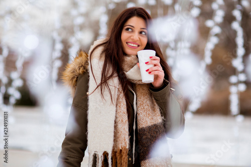 Young woman in a snow park ...