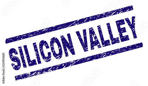 SILICON VALLEY seal print with grunge style. Blue vector rubber print of SILICON VALLEY tag with dirty texture. Text tag is placed between parallel lines.