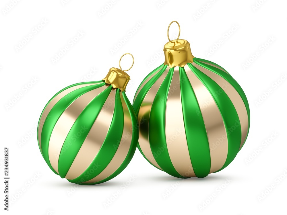 3D rendering Two Golden Green Christmas Ball on a white background 3D rendering Two Golden Green Christmas Ball on a white background
