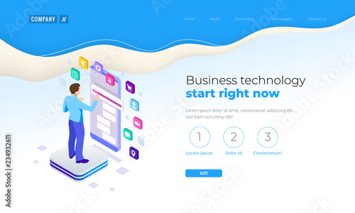 Isometric Businessman Using Digital Devices. Touching the screen smartphone. Worldwide connection technology interface. Landing page template.