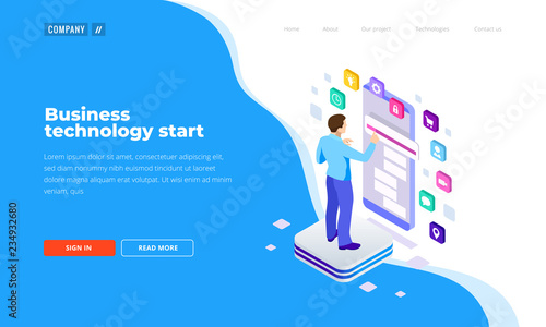Isometric Man Using Smartphone, touchscreen. Project Manager Researching Process. Innovation Graphs Interface. Landing page template.