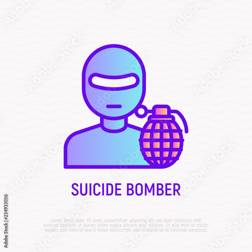 Suicide bomber thin line icon: terrorist with bomb. Modern vector illustration.