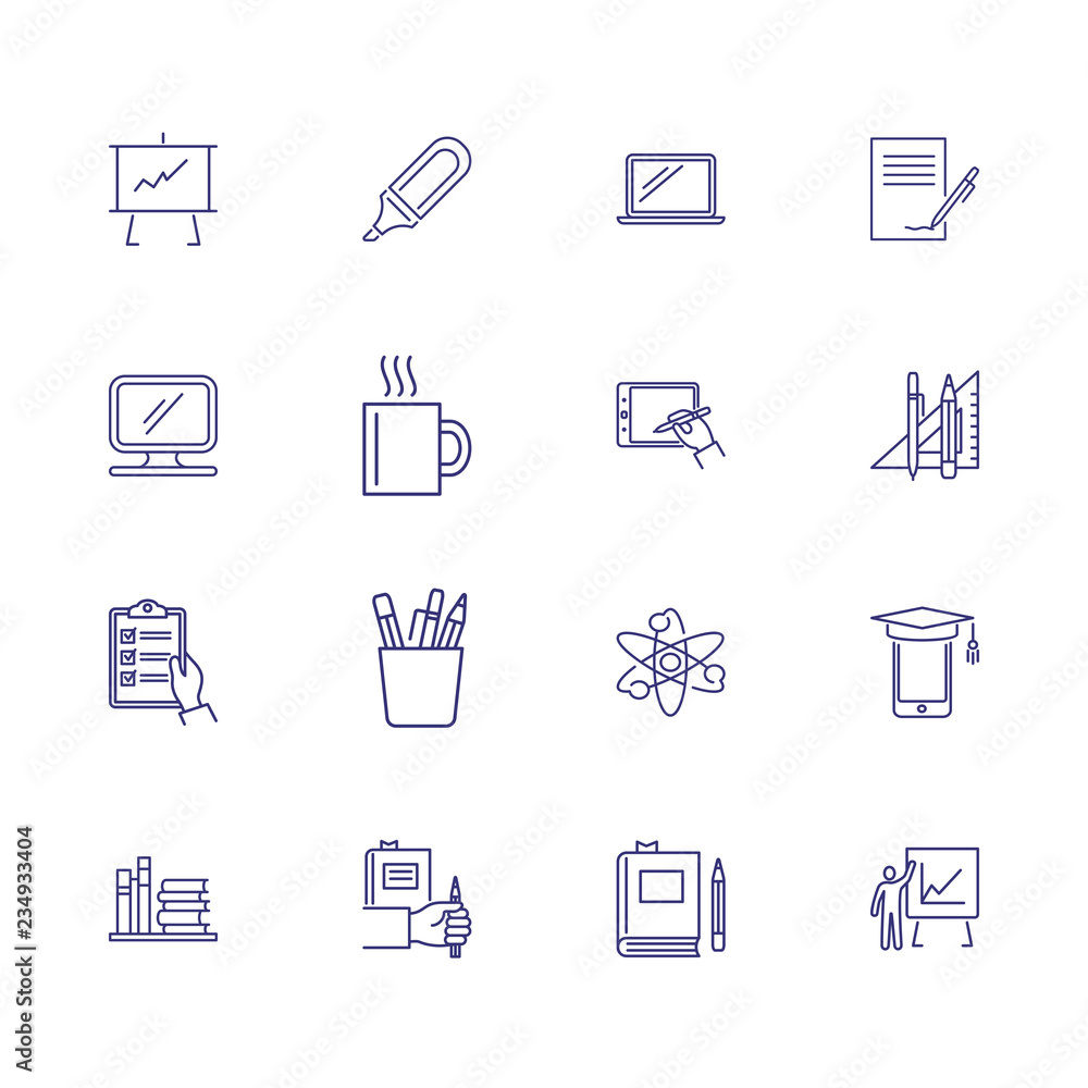 School education icons. Set of line icons. Technology, supply, analysis. University concept. Vector illustration can be used for topics like studying, science, knowledge