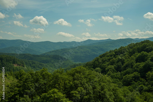 mountains covered with forest, blue sky with clouds. nature, landscape.