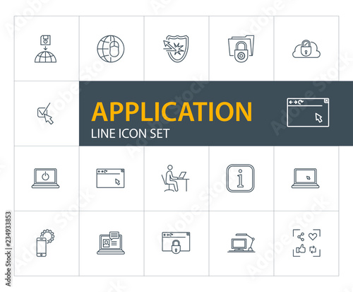 Application line icon set. Download, antivirus, data safety. Software concept. Can be used for topics like app installation, antivirus, digital technology