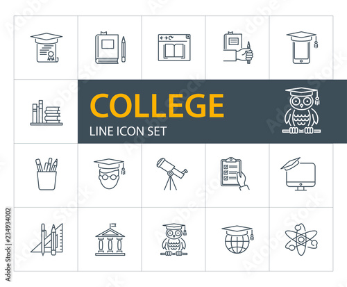 College line icon set. Book, owl, university. Education concept. Can be used for topics like graduation, studying, degree