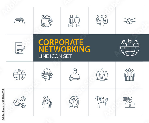 Corporate networking line icon set. Contract signing, team, leadership. Business concept. Can be used for topics like meeting, forum, interview, deal