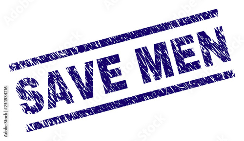 SAVE MEN seal print with grunge style. Blue vector rubber print of SAVE MEN text with dust texture. Text label is placed between parallel lines.