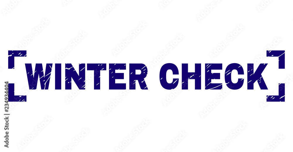 WINTER CHECK title seal imprint with grunge texture. Text title is placed inside corners. Blue vector rubber print of WINTER CHECK with dirty texture.