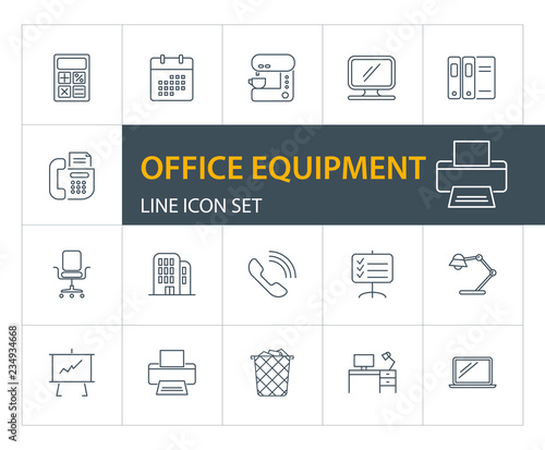 Office equipment line icon set. Calculator, monitor, computer. Work tools concept. Can be used for topics like stationery, facilities, workplace