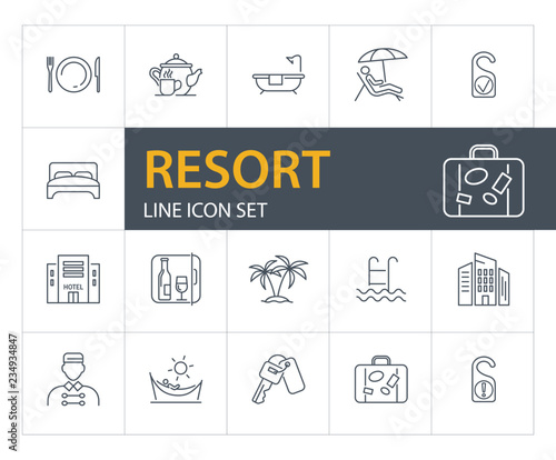 Resort line icon set. Bathroom, bedroom, beach. Tourism concept. Can be used for topics like vacation, travel, hotel service