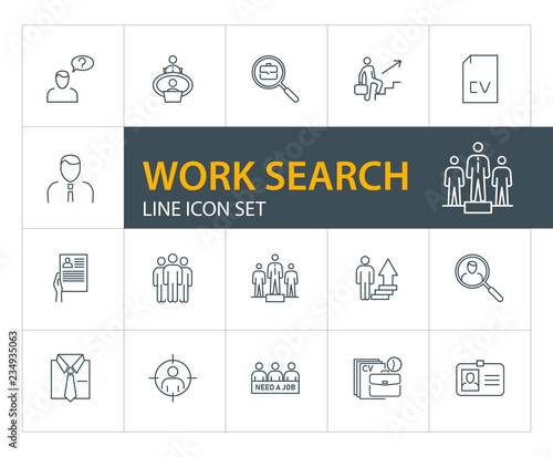 Work search line icon set. Candidate, CV, badge. Job finding concept. Can be used for topics like human resource, head hunting, unemployment