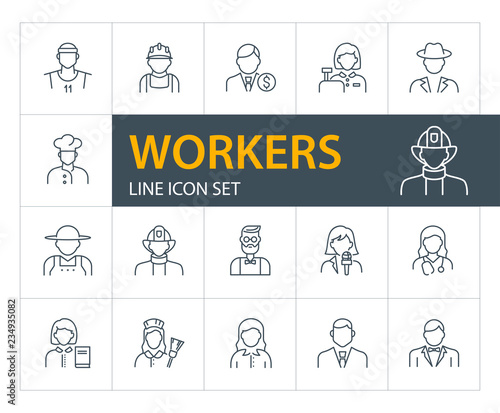 Workers line icon set. Maid, librarian, practitioner, banker, chef. Occupation concept. Can be used for topics like work, vocation, employees