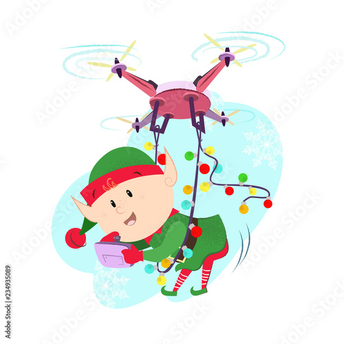 Elf with digital tablet tied to quad copter with xmas lights. Vector illustration of cartoon element on blue background. Christmas delivery, event, character. Can be used for postcard, poster, leaflet