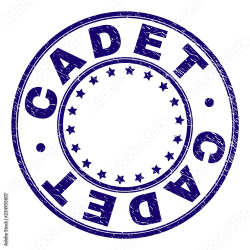 CADET stamp seal imprint with distress texture. Designed with round shapes and stars. Blue vector rubber print of CADET text with retro texture.