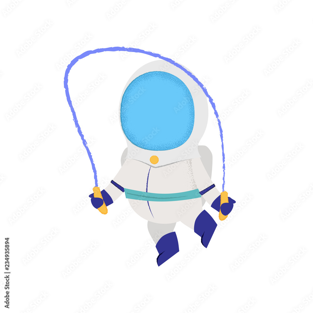 Astronaut jumping with skipping rope. Spaceman, character, training. Can be used for topics like exploration, spacewalk, sport Astronaut jumping with skipping rope. Spaceman, character, training. Can be used for topics like exploration, spacewalk, sport