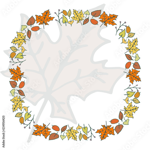 Autumn mood is a round frame. Vector. Hand drawing. Autumn leaves of trees and shrubs: maple (Acer), oak (Quercus), poplar (Populus) lilac (Syringa) and others; yellow, orange, brown.