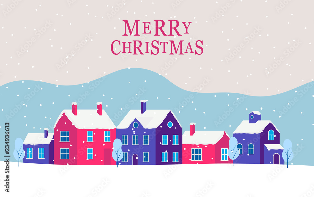 Christmas card with winter cityscape. Snowy street in small city with buildings and houses, trees. Modern concept vector illustration with urban winter landscape.