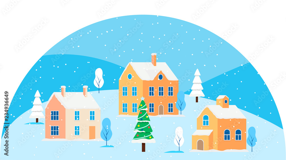 Christmas card with winter cityscape. Snowy small city with buildings and houses, trees. Modern concept vector illustration with urban winter landscape.