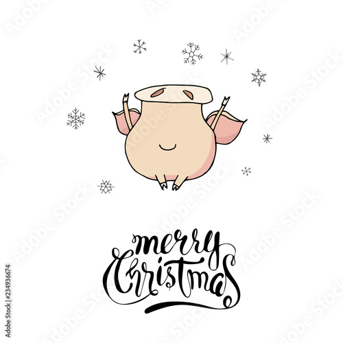 Cute doodle christmas piggy with snowflakes. Symbol of 2019 year. Winter holidays. Christmas and new year calligraphy. Hand written modern brush lettering. Hand drawn design elements. Festive card.