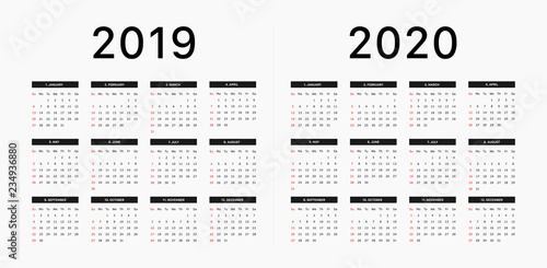 2019 calendar starting sunday Calendar 2019 and 2020 template. Calendar design in black and white colors, holidays in red colors. Vector