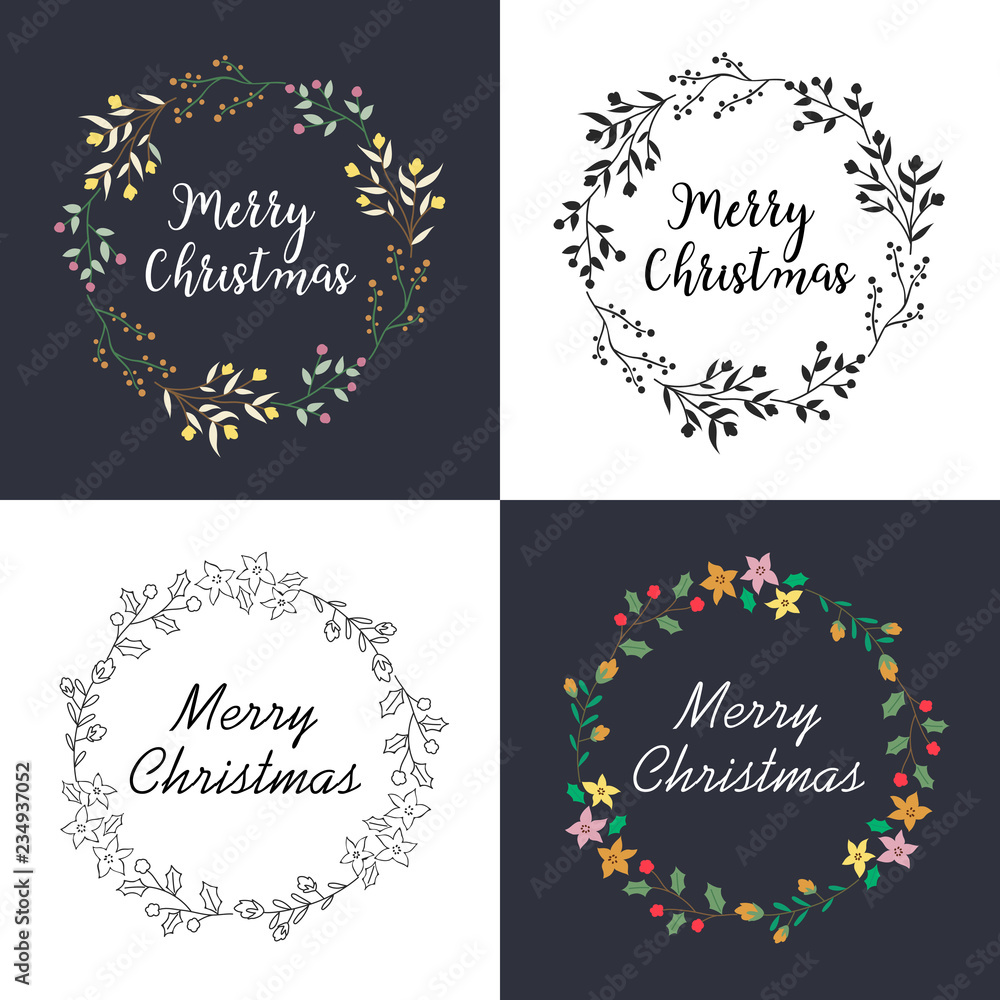 Christmas wreath with floral decoration and lettering design set. Season greeting or invitation card.