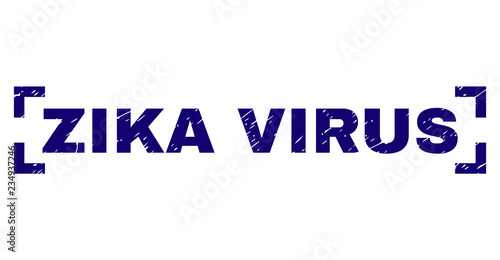 ZIKA VIRUS tag seal stamp with corroded texture. Text tag is placed inside corners. Blue vector rubber print of ZIKA VIRUS with corroded texture.