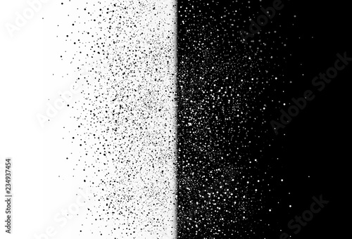 Stars dust scattered glitter in galaxy snow winter two tone abstract background in half vertical. Black and white distress template