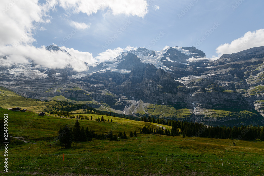 Alpine view on a clear summer day in Swiss Alps mountains