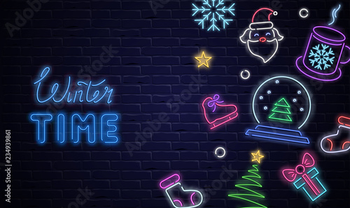 Winter time poster with neon luminous holiday decorations on brick textured background.