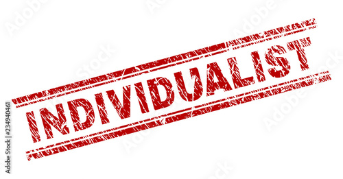 INDIVIDUALIST seal stamp with corroded texture. Red vector rubber print of INDIVIDUALIST caption with scratched texture. Text caption is placed between double parallel lines.