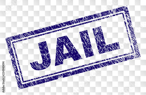 JAIL stamp seal print with rubber print style and double framed rectangle shape. Stamp is placed on a transparent background. Blue vector rubber print of JAIL text with grunge texture.